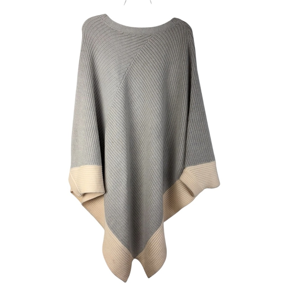 Club Monaco 100% Merino Wool Poncho Cape Wrap  Chic Gray with cream trim size Sm